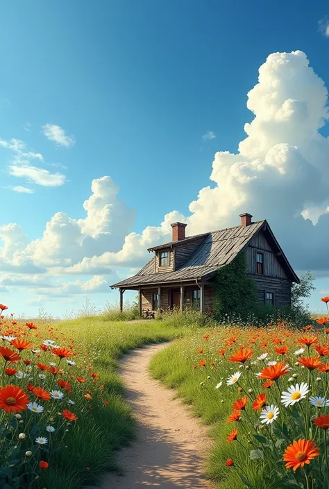 Flower field sky with clouds dirt road old wooden house