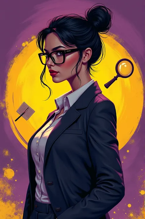 detective women with dark hair and glasses. Purple and yellow background colour