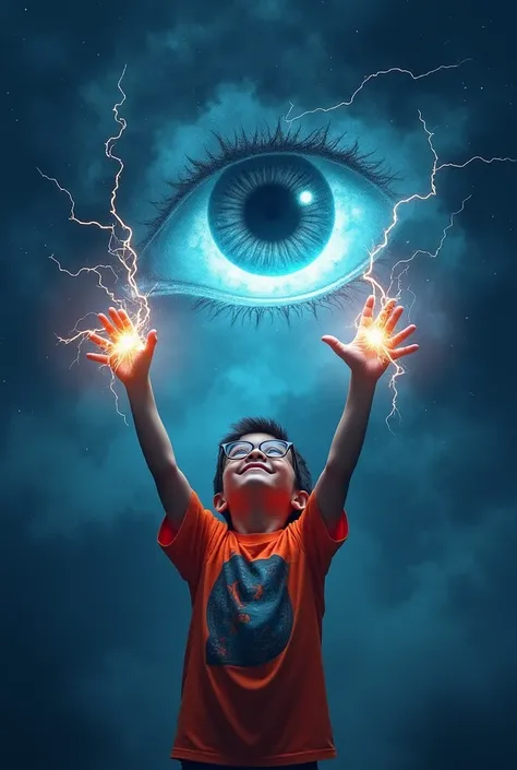 Make the 8-year-old boy look nerdy and raise his hands while making energy come out of his hands and looking at the dark sky with a dark cosmic eye, around the eyes there is black smoke 