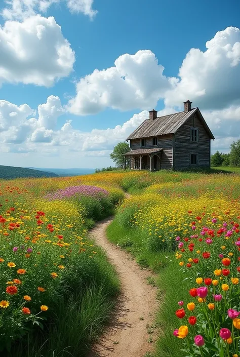 Flower field sky with clouds dirt road old wooden house