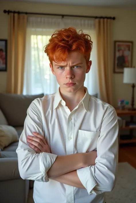 Anime a 16 year old boy with red hair blue eyes and white shirt and angry face and standing with his arms crossed in the living room of the house