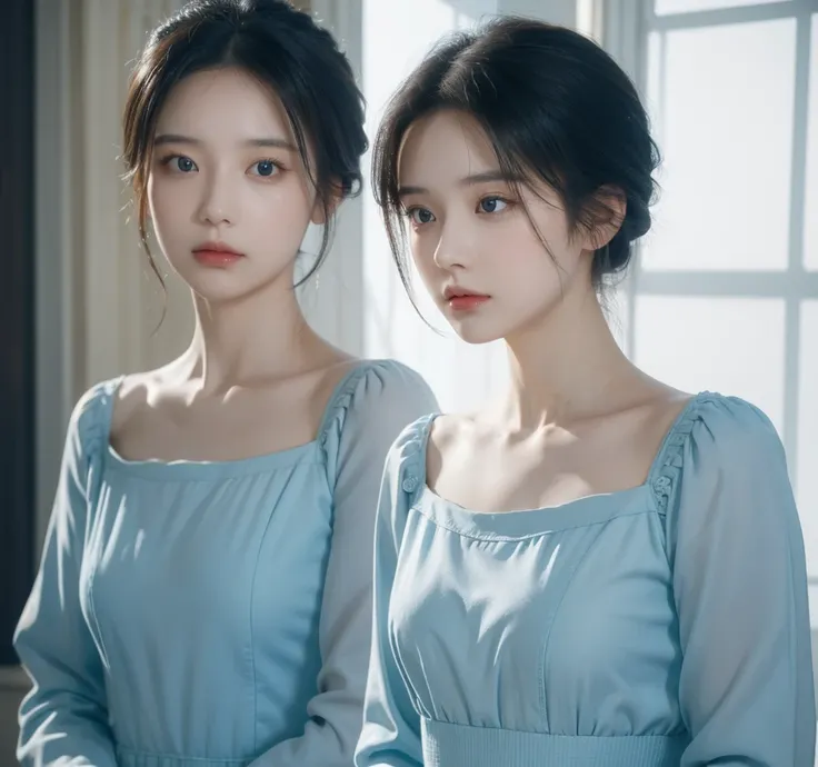 8K, Top quality, masterpiece:1.2), (Practical, photo-Practical:1.37), Top quality, masterpiece, Beautiful young woman, Thoughtful expression, Thoughtful eyes, Dress elegantly, Hair tied at the back, Mood disorder, Movie Background, tired, Light blue