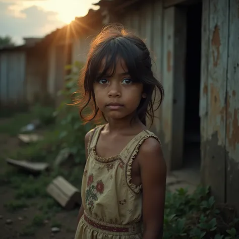 The light of hope on the face of the girl, but behind their poor house.