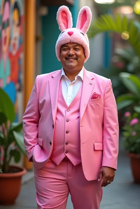 Chubby Filipino Man with 3-piece pink suit with a fluffy bunny baklava hat, full body