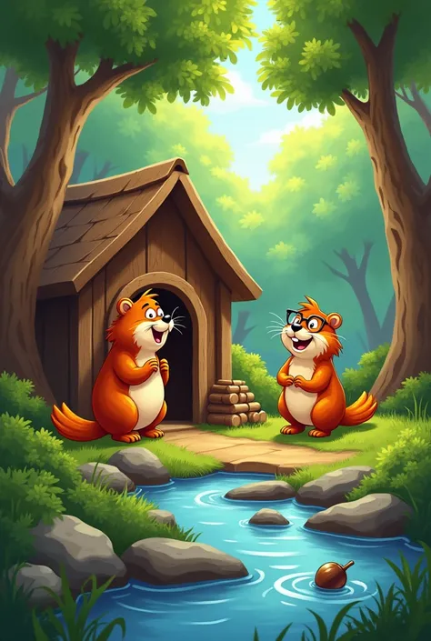 Makes 2 happy beavers in their home in the middle of the forest ,with cartoon drawing