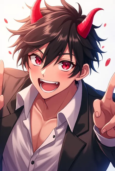  anime, devil, adolescent, pose sexy, horns, Red eyes, cheered up, portrait, Ahegao, masculine, big smile, by white, Ahegao.