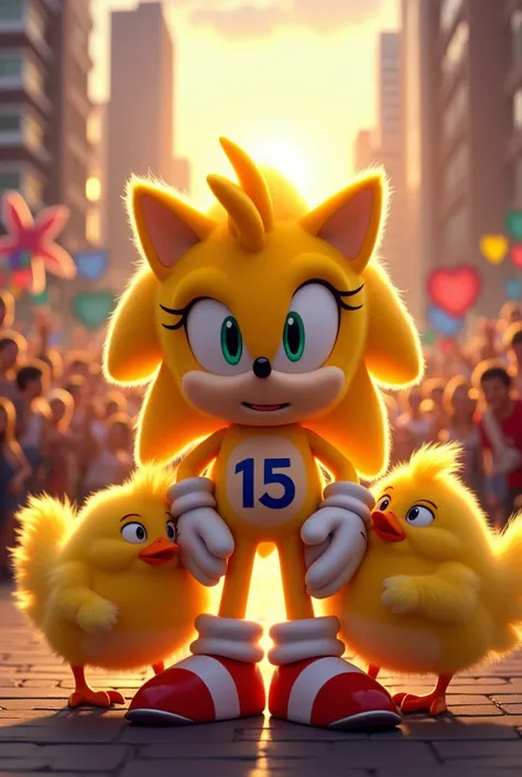 Yellow Sonic with number 15 and chicks hugging in the middle of a crowd 