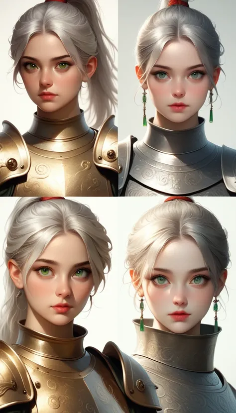 （8K，Best quality，style of anime），Ancient European realistic style armor，Silver-haired female knight，Green emerald pupils，High ponytail，Wearing silver-white armor，Delicate facial features，The drawing style is similar to that of characters in anime，Boots，Gai...