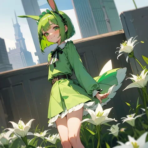 Green rabbit ears, green animal ears, a girl, bob cut, green hair, green eyes, look young, alone, short,  tiny,Lolita, childhood,smile, White Lily blouse, mini skirt, hairband, belt, ribbon, kawaii, cute, 10-year-old, baby face, face, 1900 age, City,