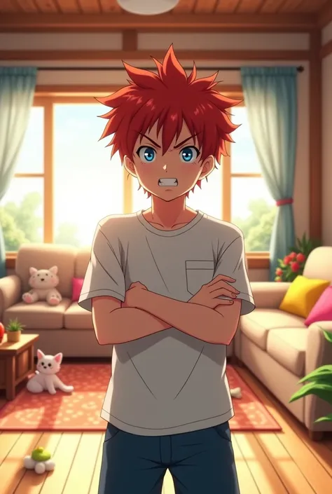 Anime a 16 year old boy with red hair blue eyes and white shirt and angry face and standing with his arms crossed in the living room of the anime house 