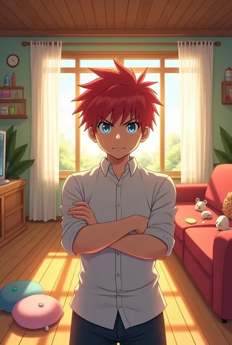 Anime a 16 year old boy with red hair blue eyes and white shirt and angry face and standing with his arms crossed in the living room of the anime house 