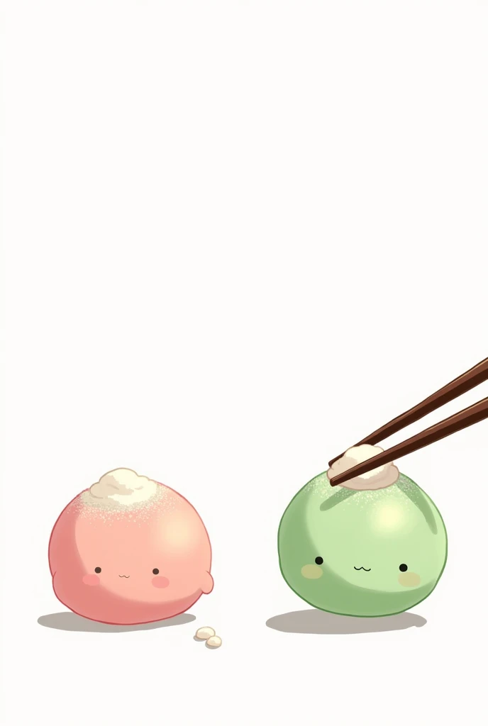 (Cartoon shaped image) Two soft pink and green MOCHI circles sprinkled with white flour grains on top with chopsticks, white background.