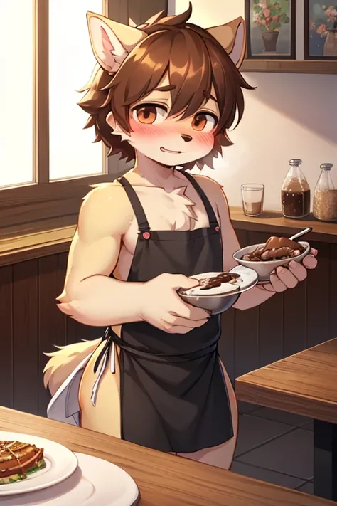 (masterpiece), best quality, Perfect face, 2 topless hairy shota dog boys, Blushed, Nude Apron, Food and drinks provided, Coffee Shop, innocent boy, Ribbon, Dining room, Drag Apron,