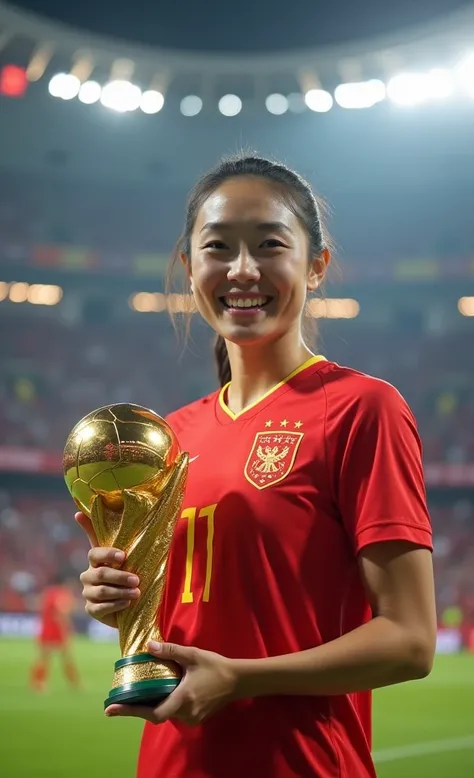 Chinese womens football，Beautiful facial features，White skin，Win the final，Holding the World Cup in front of my chest，Smiling at the camera，Half-length photo，World Cup stadium as background