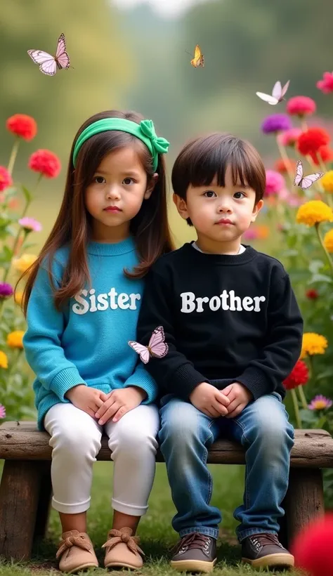 The image shows a young boy and girl sitting side by side on a wooden bench. The girl is on the left side of the image, wearing a blue sweater with the word "Sister" written on it and a green headband. She has long brown hair and is looking directly at the...