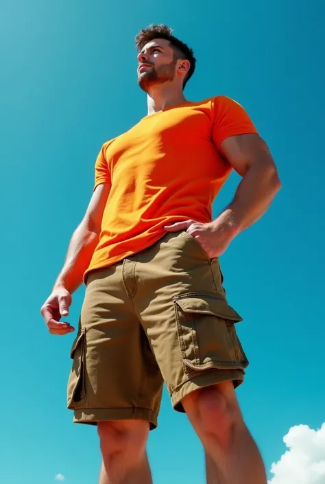 Muscular man wearing a shirt with long shorts Long loose shorts With pockets on the sides with converse sneakers Orange T-shirt and brown shorts Long short, long short, long Pose with cuffs on the waist in a heroic way looking at the sky perspective from a...