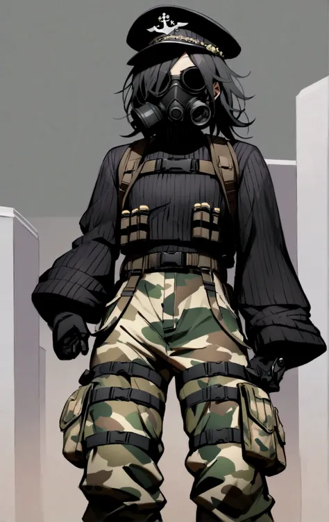 (solo), high detailed, (masterpiece), best quality, faceless, M50 gasmask, Gas mask. Black captain hat, Goth hat, black gas mask, black sweater, camouflage pants, forest camo pants, camo cargo_pants, harness holster, black boots, young, black messy hair, t...