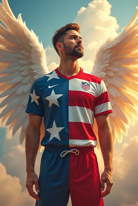 Archangel strong man with thin beard , shorth hair , in US sports uniform 