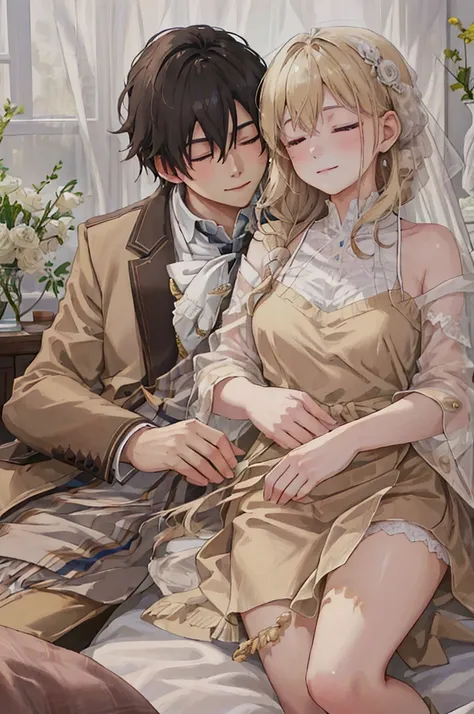 a young man sleeping on a girl's lap, the girl smiling and gently stroking his hair, romantic picnic scene, high resolution, ten...