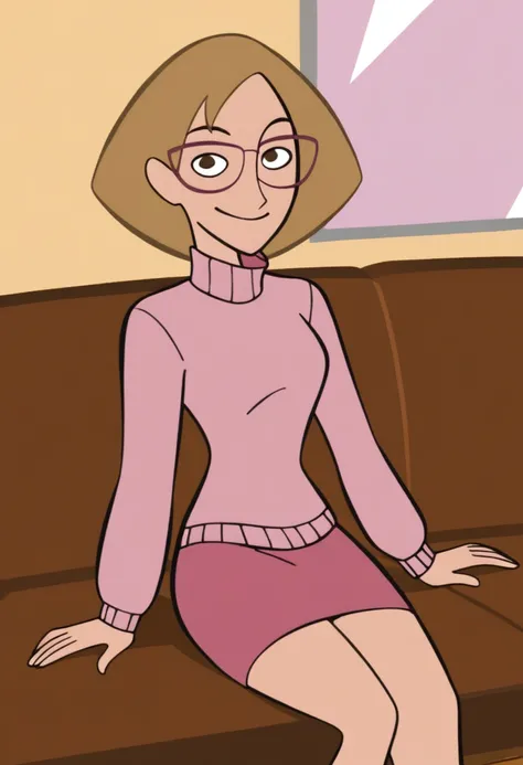 score_9, MrsStoppable, pink sweater, pink skirt, glasses, solo, 1 girl, light smile, looking on viewer, sitting on sofa, indoors, 