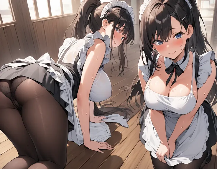 One Woman、beautiful girl、maid、20-year-old、ponytail、Western-style building、maidの、Calm expression、Droopy eyes、柔らかなsmile、Maternal expression、Baby Face、頭にmaidカチューシャ、panties under pantyhose、Short skirt、Black Pantyhose、Ultra-high definition image quality、Highest...