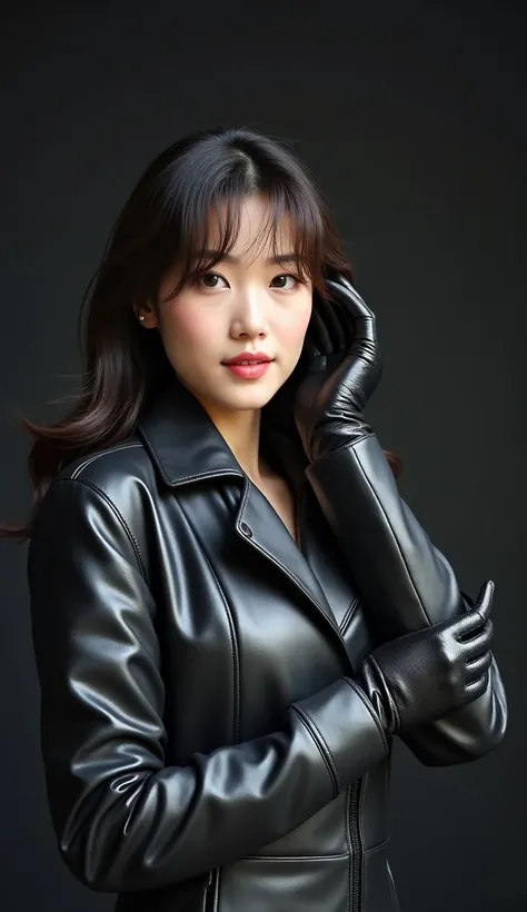 (1990s amateur futanari 2 Korean female actress wearing hyper-realistic black leather trench long coat and 4K hyper-realistic black leather gloves handjob photograph:5.0), (1990s an artistic representation of 49-year-old Korean fashion model actress wearin...