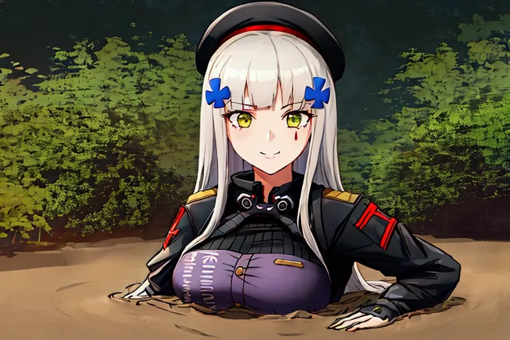 1girl, solo, hk416, huge breast, military uniform, partially submerged, in mud, flooding up to the chest, upper body, jungle, se...