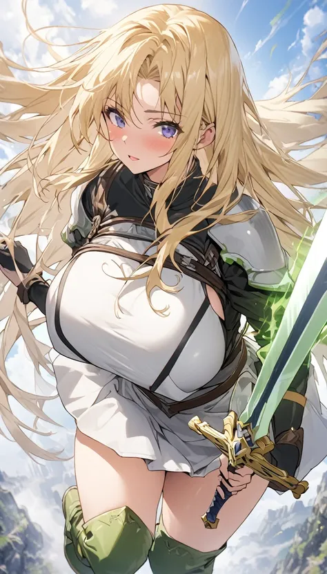 Ultra-high definition image quality、beautiful girl、Female Swordsman、Light Armor、Green Boots、Long Hair、blonde、20-year-old、have confidence々face、Very short tight skirt、Cowgirl、wilderness、Highest quality,Big Ass、Big Breasts、Thighs、Grasping the hilt of the holy...