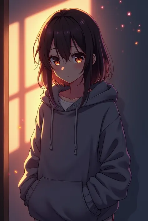 An anime-style illustration of a brown-haired person wearing a hoodie with a faint shadow cast on their face by the light coming from behind