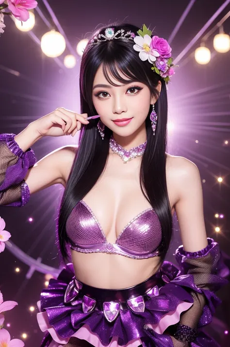 sexy Thai model who controls poison、beautiful smile、lipgloss、long lashes、smokey eyeshadow、look at the camera、full body Esbian、、sparkling poisoned flower costume、、、、sparkling Colorful hair、secrete poison、skull hair accessories、fishnet tights、shiny sparkling...