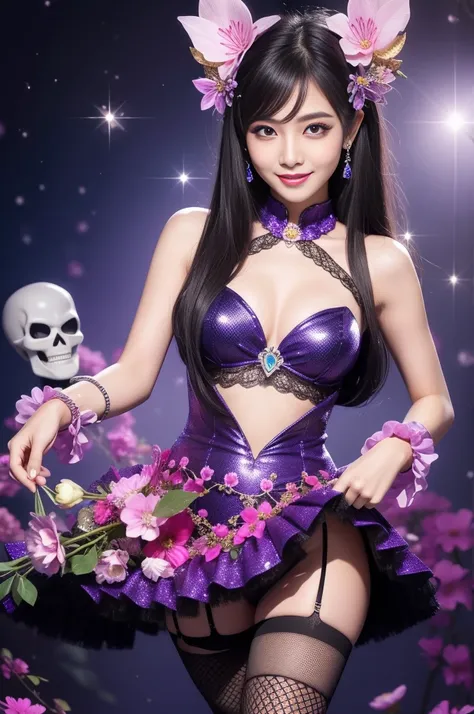 sexy Thai model who controls poison、beautiful smile、lipgloss、long lashes、smokey eyeshadow、look at the camera、full body Esbian、、sparkling poisoned flower costume、、、、sparkling Colorful hair、secrete poison、skull hair accessories、fishnet tights、shiny sparkling...