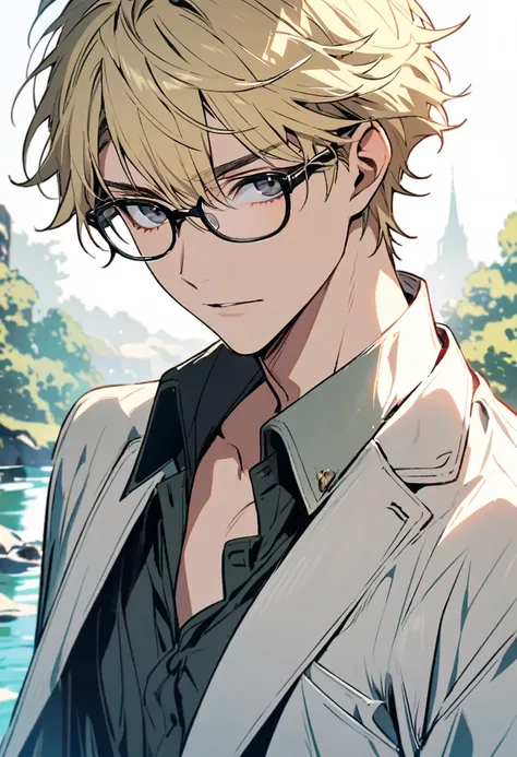 male, solo, handsome, blond hair, black eyes, glasses, beautiful backround, innocent, beautiful eyes, beautiful color