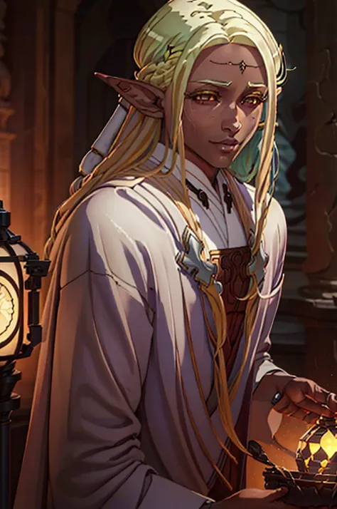 a handsome elf-drow man, blonde with long semi-wavy hair, dark skin, captivating golden eyes, wearing fine white clothes with go...