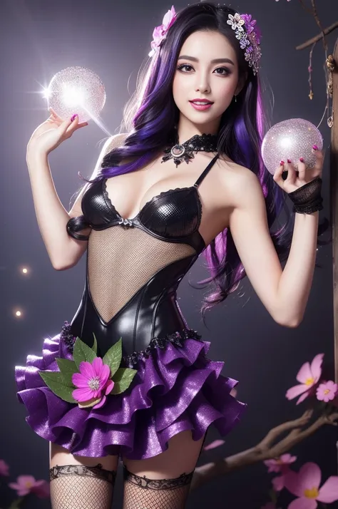 sexy Spanish model who controls poison、beautiful smile、lipgloss、smokey eyeshadow、look at the camera、full body Esbian、、sparkling poisoned flower costume、、、、sparkling Colorful hair、secrete poison、skull hair accessories、fishnet tights、shiny sparkling flowers ...