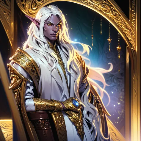 a handsome elf-drow man, blonde with long semi-wavy hair, dark skin, captivating golden eyes, wearing fine white clothes with go...