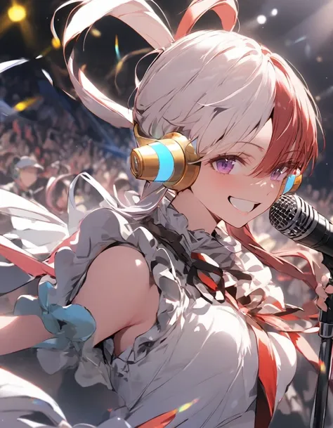 masterpiece、1 girl, uta, red and white hair、((stand microphone))、smile、live stage background、lots of spotlights, (focus on the f...