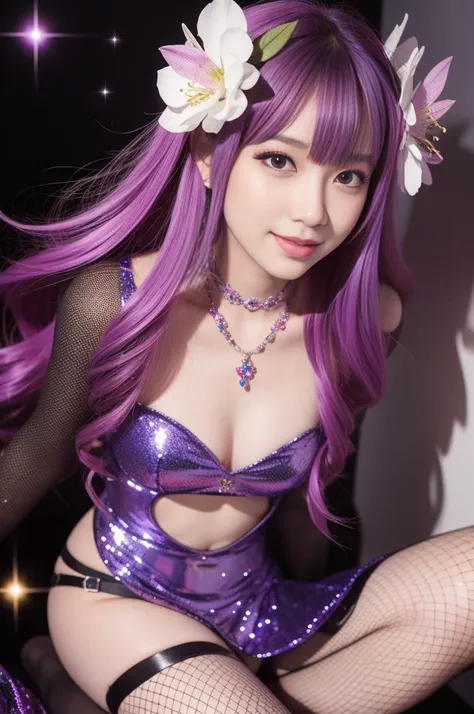 beautiful sexy model who controls poison、beautiful smile、lip-gloss、long lashes、metallic makeup、look at the camera、full body Esbian、、sparkling poisoned flower costume、、、、shiny sparkling multicolor hair、secrete poison、skull hair accessories、fishnet tights、sh...