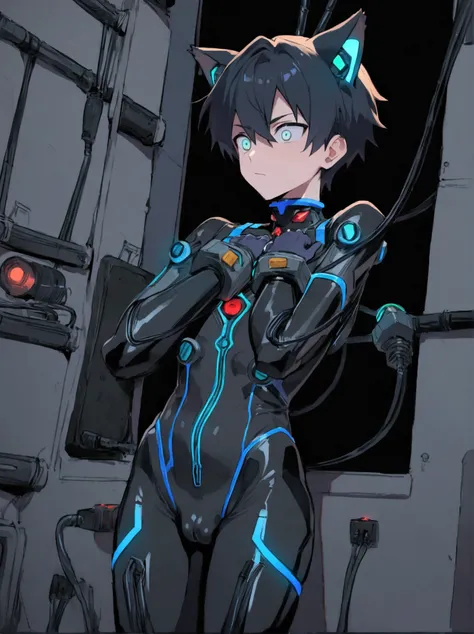 (masterpiece, best quality:1.3) (nsfw8) (((1boy))), (((anime boy))), 20 years old, muscular body, black hair, black latex plugsuit, black latex, skintight no zipper neck entry black latex plugsuit, fullbody black latex plugsuit, , cat ears, cyborg eyes, la...