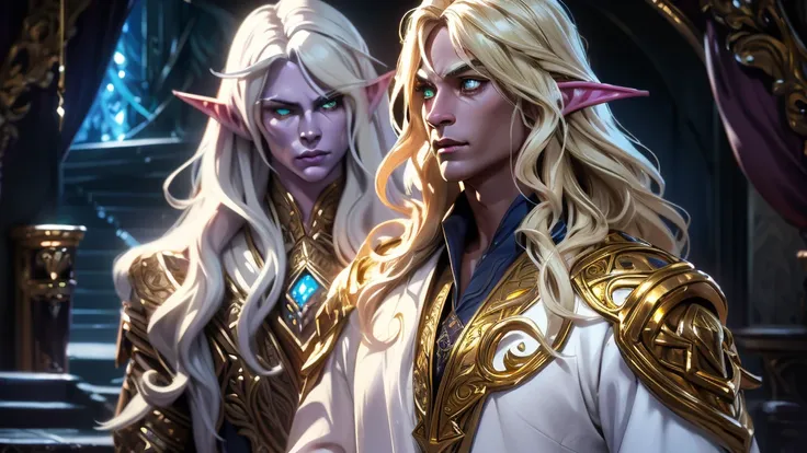 a handsome elf-drow man, blonde with long semi-wavy hair, dark skin, captivating golden eyes, wearing fine white clothes with go...