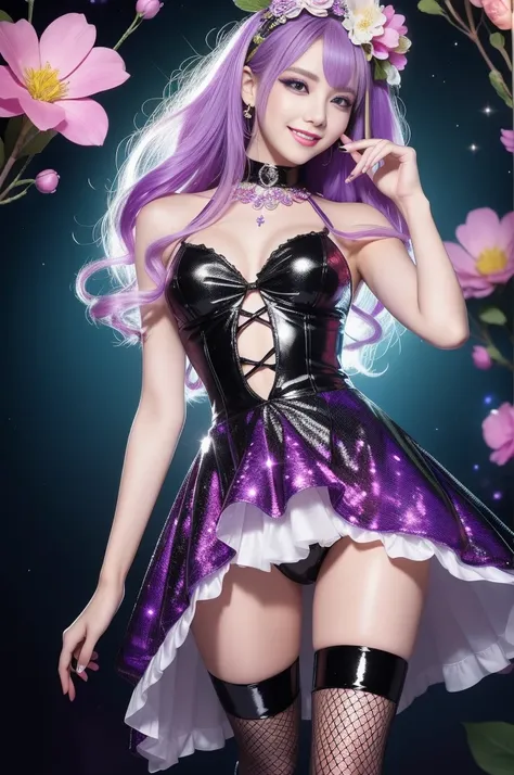 beautiful sexy model who controls poison、beautiful smile、lipgloss、long lashes、intense makeup、look at the camera、full body Esbian、、sparkling poisoned flower costume、、、、shiny sparkling multicolor hair、secrete poison、skull hair accessories、fishnet tights、shin...