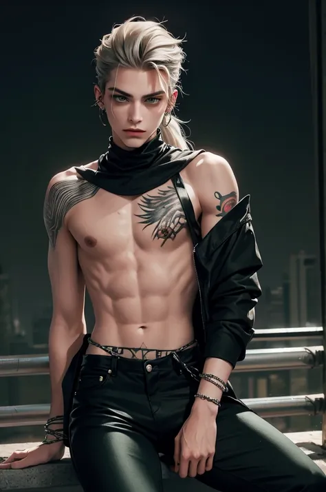 ((Best quality)), ((masterpiece)), (detailed), ((perfect face)), ((half of the body)) perfect proportions, hes a bad boy, 18 years old, he has disheveled long silver hair pulled back in a ponytail, green eyes, badass, hes sexy, He has a lot of piercings, h...