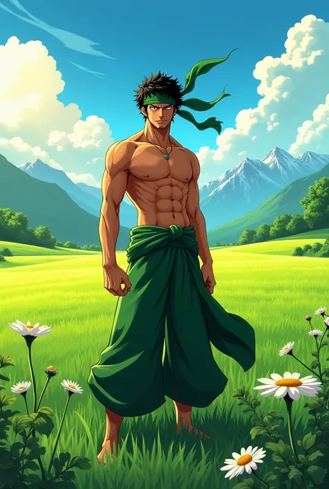 A man in open green fields. Animated like anime character zoro from one piece. 