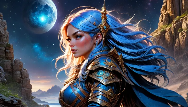 comic art  ((larry elmore style)), dnd art, rpg art, realistic art, female human druid of the stars, guardian of nature, controlling magical energy made of stars, swirling blue stary magical light, divine symbols, under the sky filled with stars, human fem...