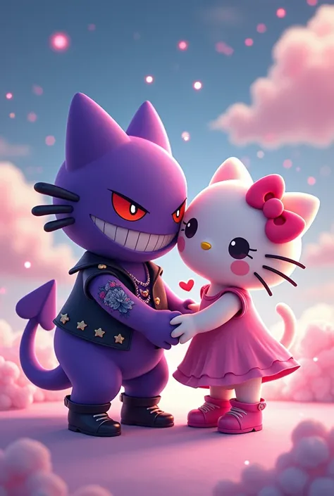 Gengar and hello kitty, pink iconic character, with clothes, couple, Kiss, 2D, tattoo