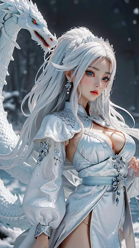 best quality,masterpiece,Ultra-high resolution,photoactual:4：0,Snow,A hot oriental woman,Crystal clear white long flowing hair,White dragon scale head style,Big breasts,thin waist,Bright white dragon scale robe,sideways,Above the waist,Close up