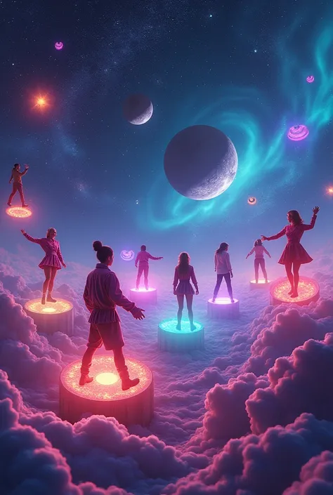 A new planet where only people play TikTok. people standing on stars in space