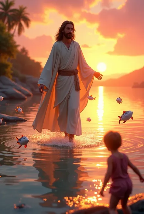 create an image that represents Jesus Walks on Water from the bible in disney pixar format