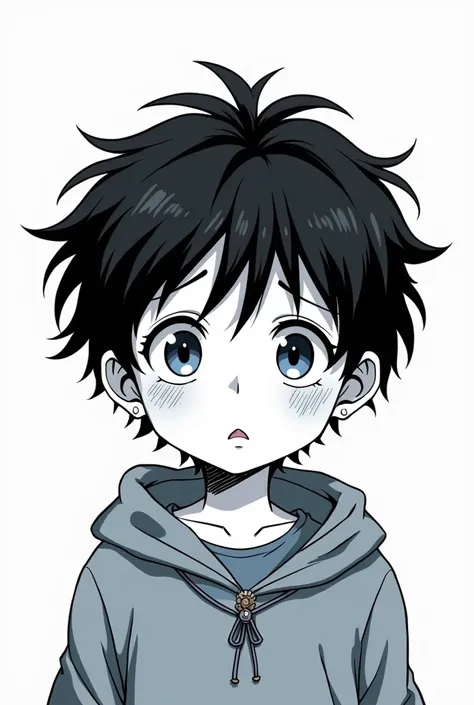 ((Manga Illustration)), ((Child Wizard)) Close-up Portrait, Single, Short Hair, Man, Looking at Viewer, Blushing, With Tears, Distressed, Blue Tears, Close-up Portrait, Single, Focus on Eyes, Flat Background (In Vector Style) ((Black and White Manga Illust...