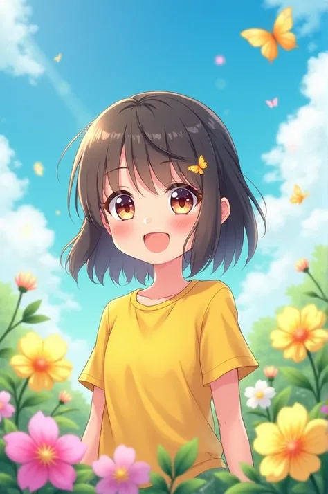 (woman)(Anime(small)(cute)(Wearing a yellow shirt.)