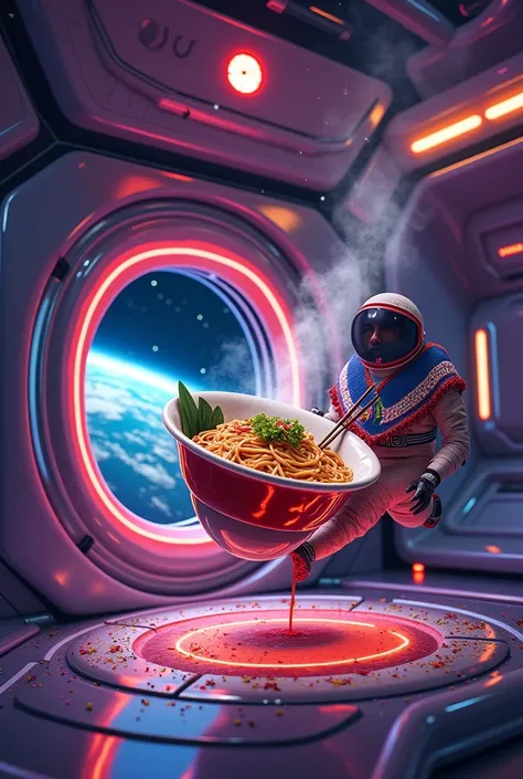 Mexican astronaut sitting in the cabin of a spaceship with a view of outer space towards the earth surprised by a bowl of ramen floating in zero gravity fantasy style